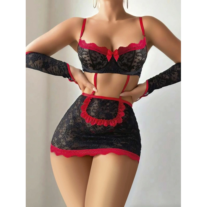 5 parça Kırmızı Siyah Dantel Çiçek Desen Hizmetçi Model Özel Fantezi Tanga Hediyeli 2043