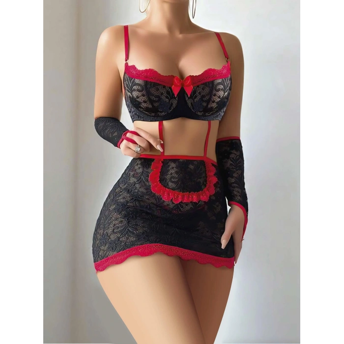 5 parça Kırmızı Siyah Dantel Çiçek Desen Hizmetçi Model Özel Fantezi Tanga Hediyeli 2043