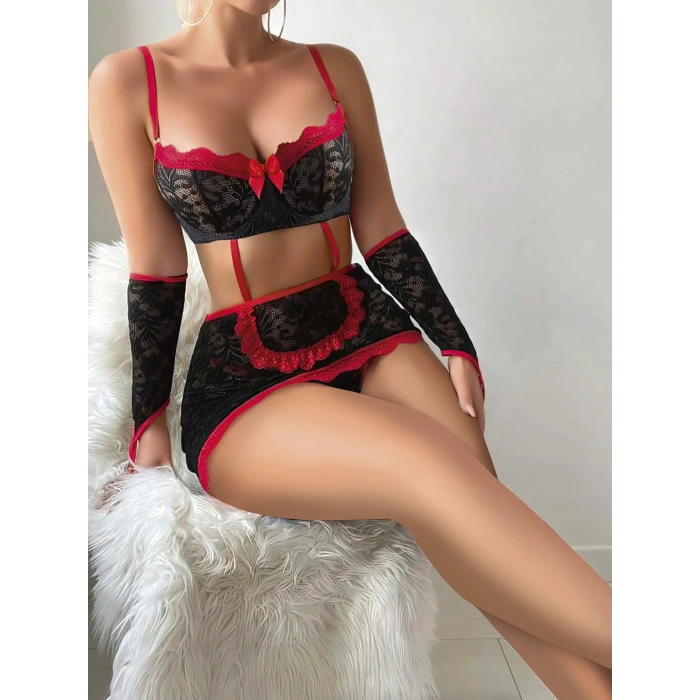 5 parça Kırmızı Siyah Dantel Çiçek Desen Hizmetçi Model Özel Fantezi Tanga Hediyeli 2043