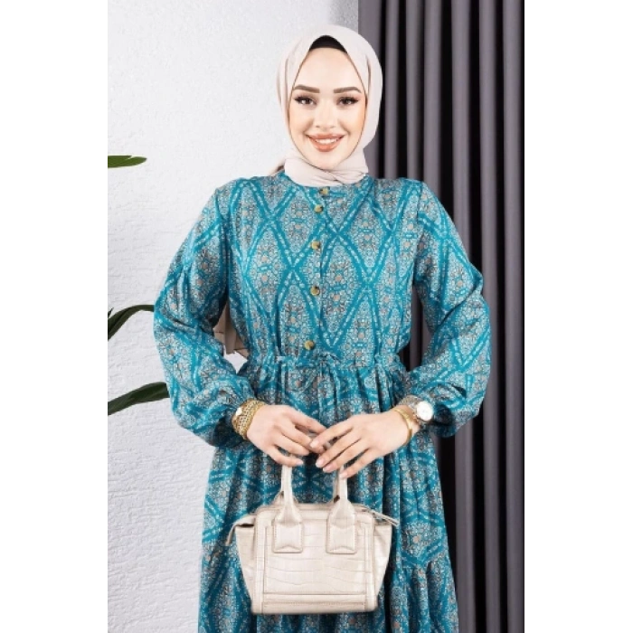 Bağcıklı Desenli Viskon Elbise YEŞİL