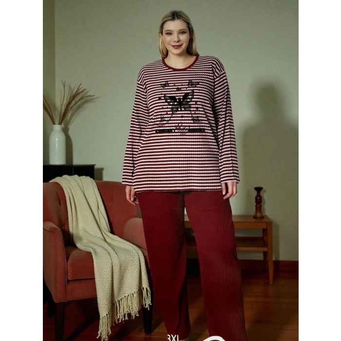 ÇİZGİLİ PENYE PİJAMA TAKIMI KELEBEK MODEL