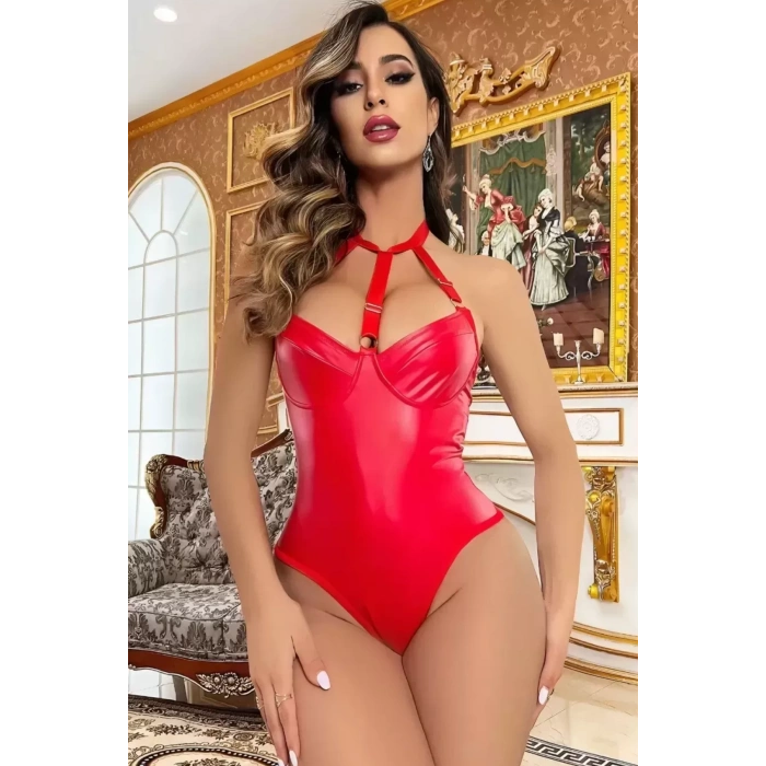Deri Görünümlü Babydoll Kırmızı