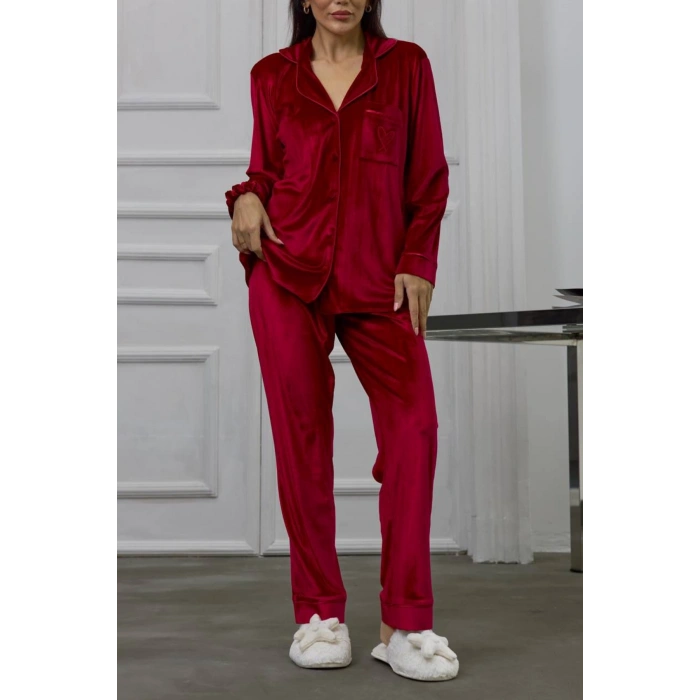 GİZOTTİ BORDO GOFRAJLI KALP NAKIŞLI UZUN KADİFE PİJAMA TAKIMI