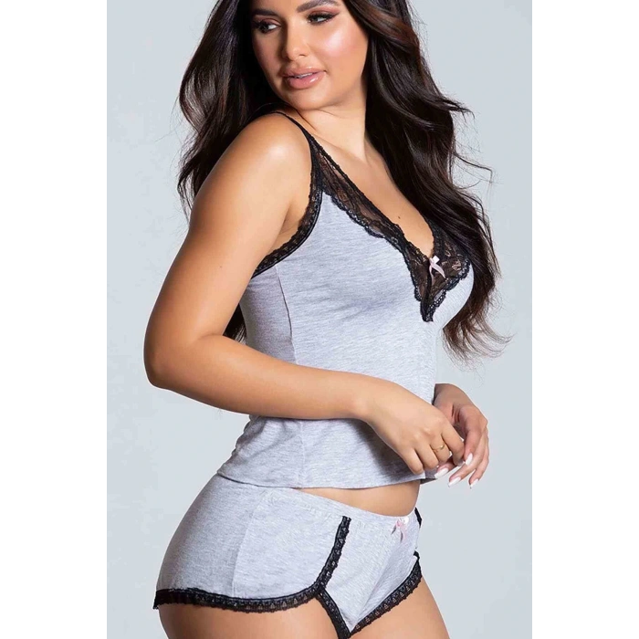 Kadın Penye Dantel İşlemeli Şortlu Alt Üst Pijama Takım Gri