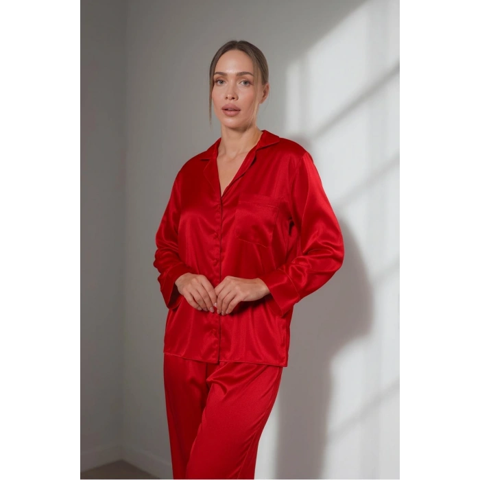 GİZOTTİ KIRMIZI SATEN İKİLİ PİJAMA TAKIMI