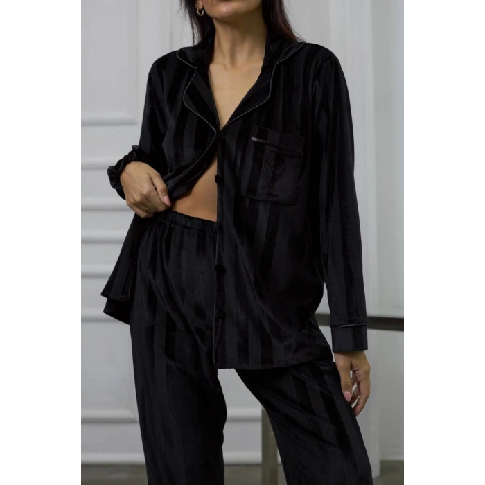 GİZOTTİ SİYAH GOFRAJLI KALP NAKIŞLI UZUN KADİFE PİJAMA TAKIMI