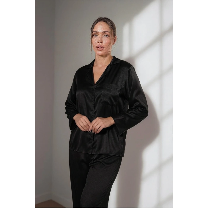 GİZOTTİ SİYAH  SATEN İKİLİ PİJAMA TAKIMI