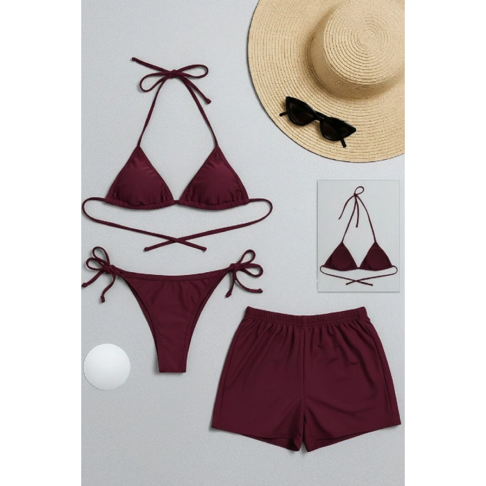 Kadın 3lü Set Bordo Şortlu ve Yandan Bağlamalı Bikini Mayo Takımı