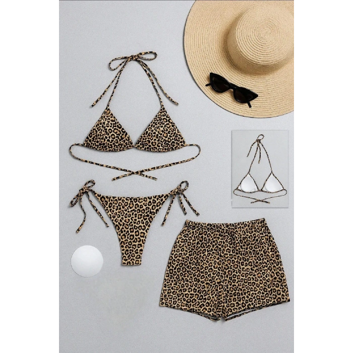 Kadın 3lü Set Leopar Desenli Şortlu ve Yandan Bağlamalı Bikini Mayo Takımı