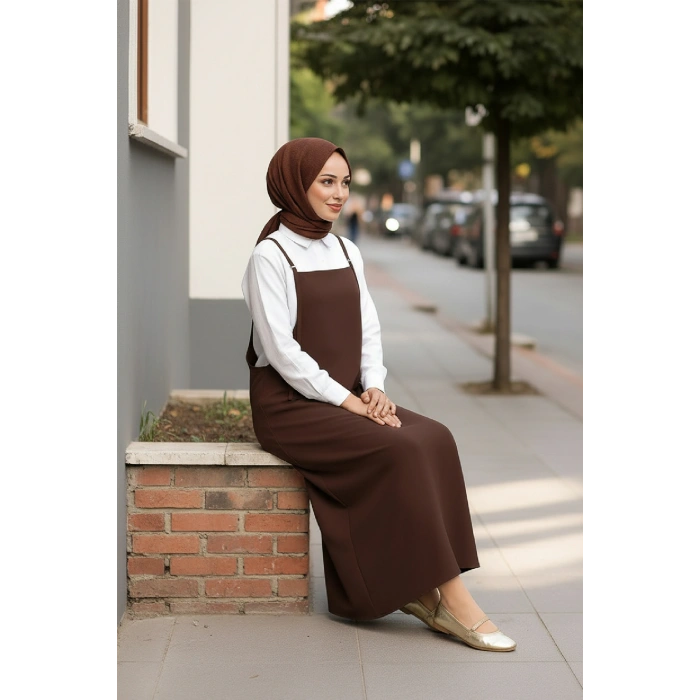 Kadın Acı Kahverengi Basic Ayarlanabilir Askılı Jile Elbise