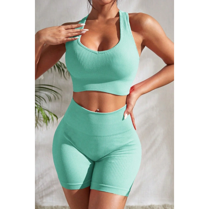 Kadın Açık Mavi Yüksek Bel Çapraz Sırt Detaylı Şortlu Gecelik Takım