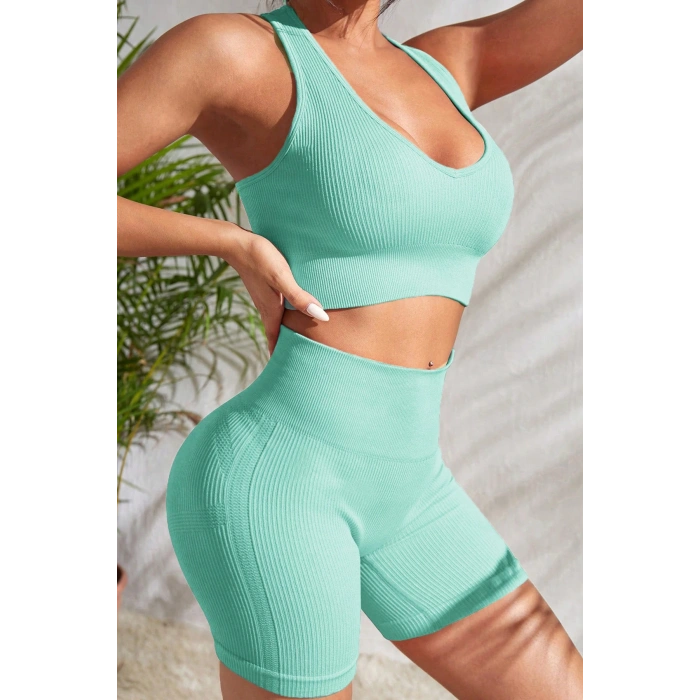 Kadın Açık Mavi Yüksek Bel Çapraz Sırt Detaylı Şortlu Gecelik Takım