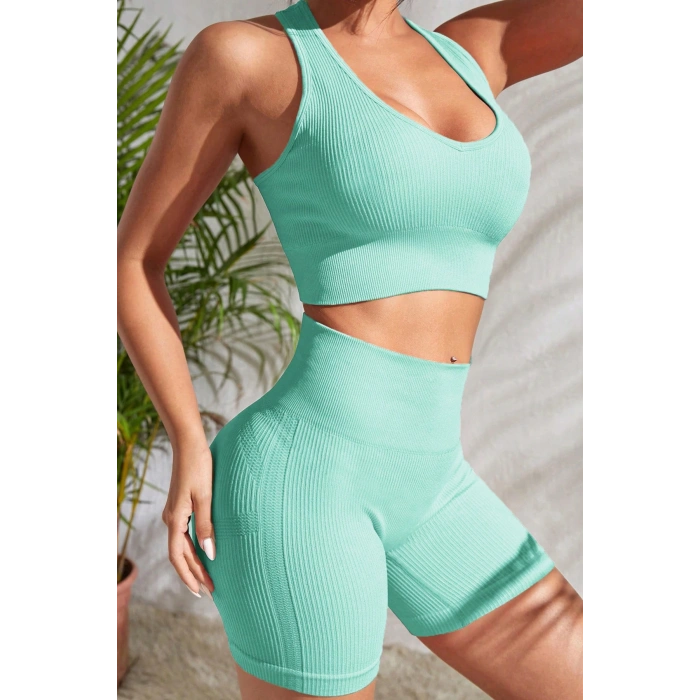 Kadın Açık Mavi Yüksek Bel Çapraz Sırt Detaylı Şortlu Gecelik Takım