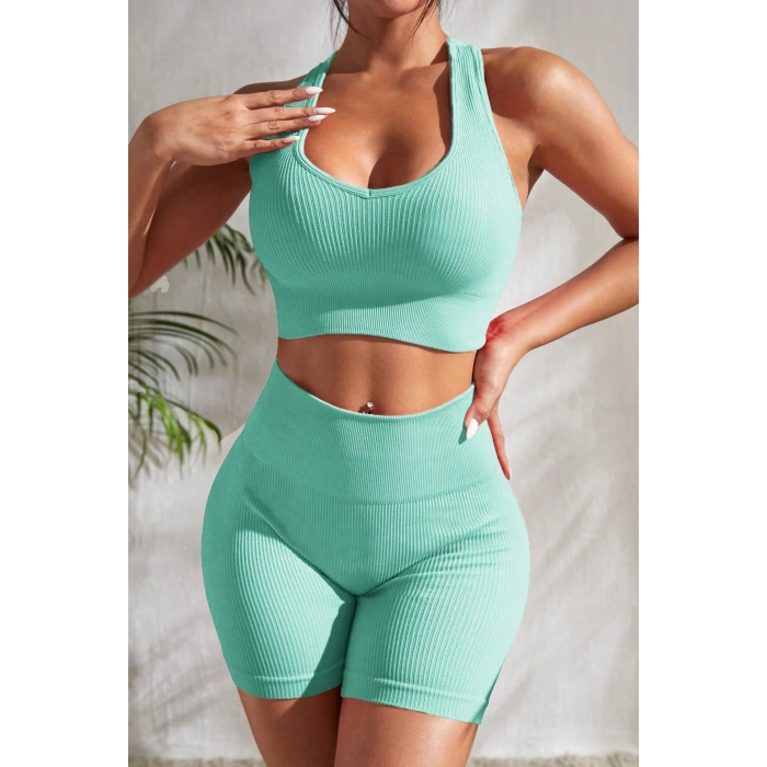 Kadın Açık Mavi Yüksek Bel Çapraz Sırt Detaylı Şortlu Gecelik Takım