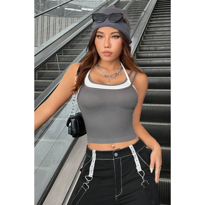 Kadın Antrasit Gri Beyaz Çift Renk Çapraz Askılı Crop Top Bluz