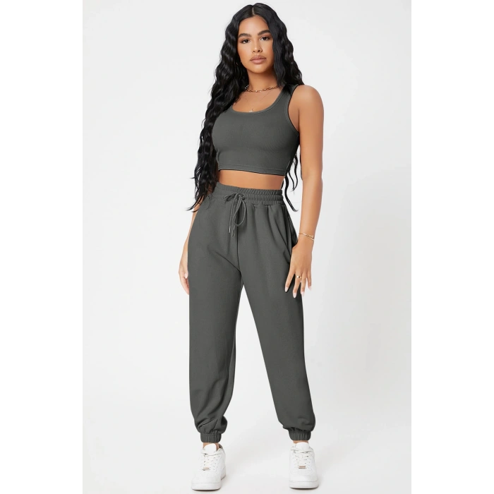 Kadın Antrasit Gri Kaşkorse Cepli Jogger Eşofman Altı ve Crop Top Bluz