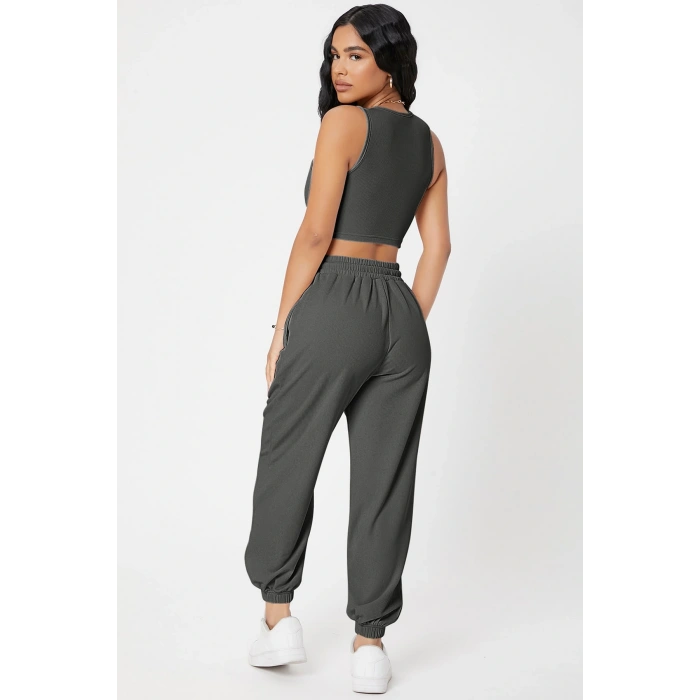 Kadın Antrasit Gri Kaşkorse Cepli Jogger Eşofman Altı ve Crop Top Bluz