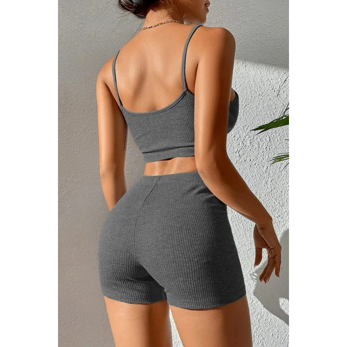 Kadın Antrasit Gri Şortlu Kaşkorse Gecelik Takım
