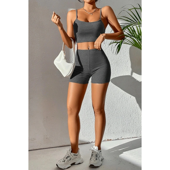 Kadın Antrasit Gri Şortlu Kaşkorse Gecelik Takım
