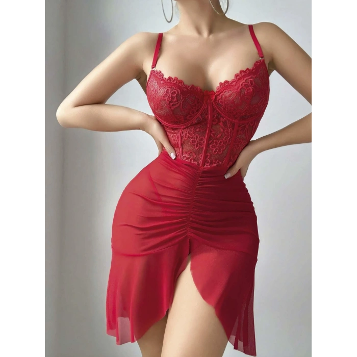 Kadın Ateş Kırmızısı Önden Yırtmaçlı Tül Fantezi Gecelik 2241