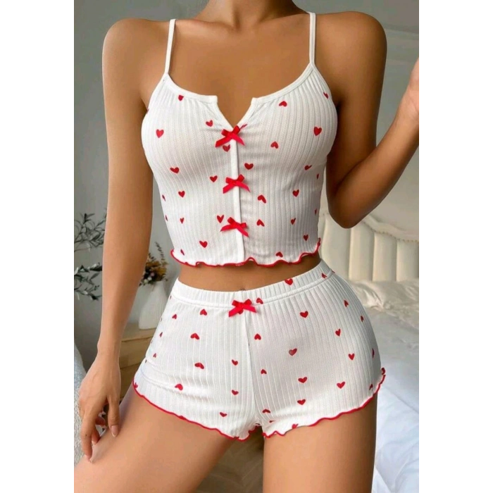 Kadın Beyaz Fiyonk Desenli Seksi Gecelik Takım 5007