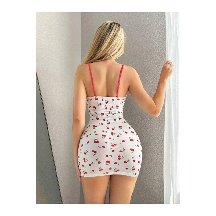 Kadın Beyaz Kiraz Desenli Askılı Bağlamalı Dantel Detaylı Elbise 5073