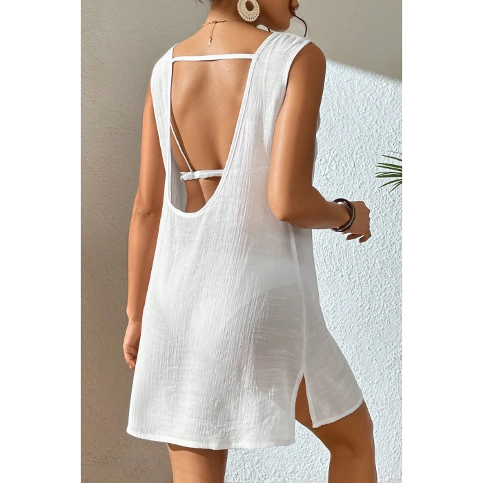 Kadın Beyaz Sırt Detaylı Yırtmaçlı Plaj Elbisesi Pareo