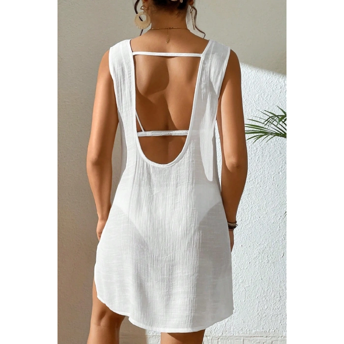 Kadın Beyaz Sırt Detaylı Yırtmaçlı Plaj Elbisesi Pareo