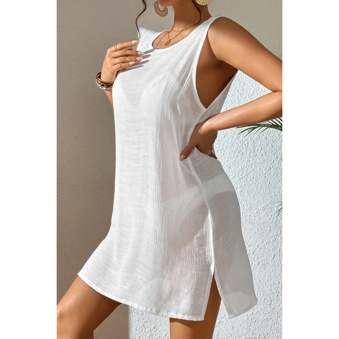 Kadın Beyaz Sırt Detaylı Yırtmaçlı Plaj Elbisesi Pareo