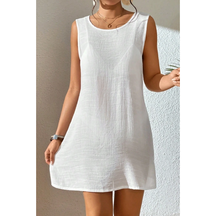 Kadın Beyaz Sırt Detaylı Yırtmaçlı Plaj Elbisesi Pareo