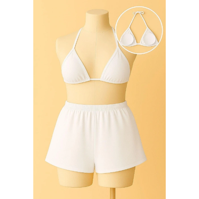 Kadın Beyaz Şortlu Belden ve Boyundan Bağlamalı Bikini Takımı