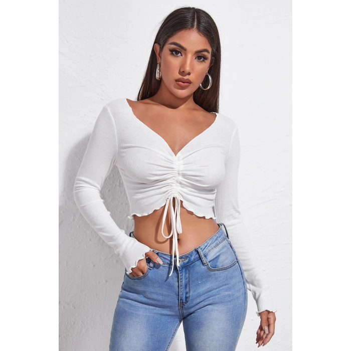 Kadın Beyaz Uzun Kollu Büzdürme Bağcık Detaylı Crop Top Bluz