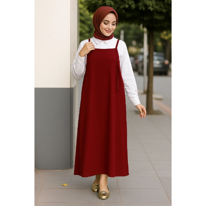 Kadın Bordo Basic Ayarlanabilir Askılı Jile Elbise