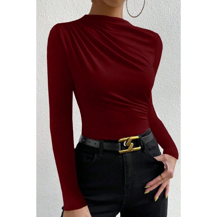 Kadın Bordo Belden ve Boyundan Büzgü Detaylı Uzun Kollu Bluz