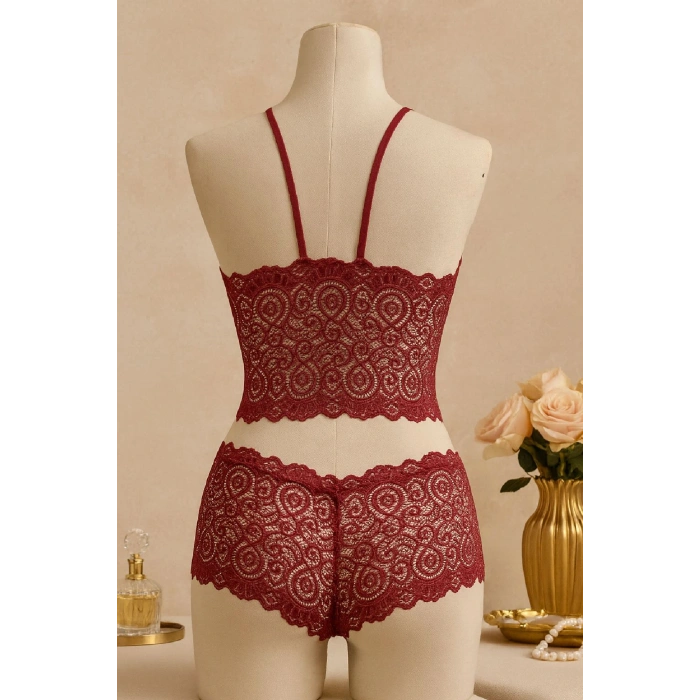Kadın Bordo Dantel Bralet Şort Takımı – Asil ve Sofistike İç Giyim