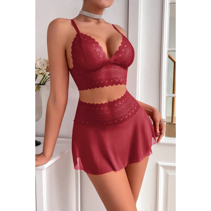 Kadın Bordo Dantel ve Tül Detaylı Etekli Şık Gecelik Takımı