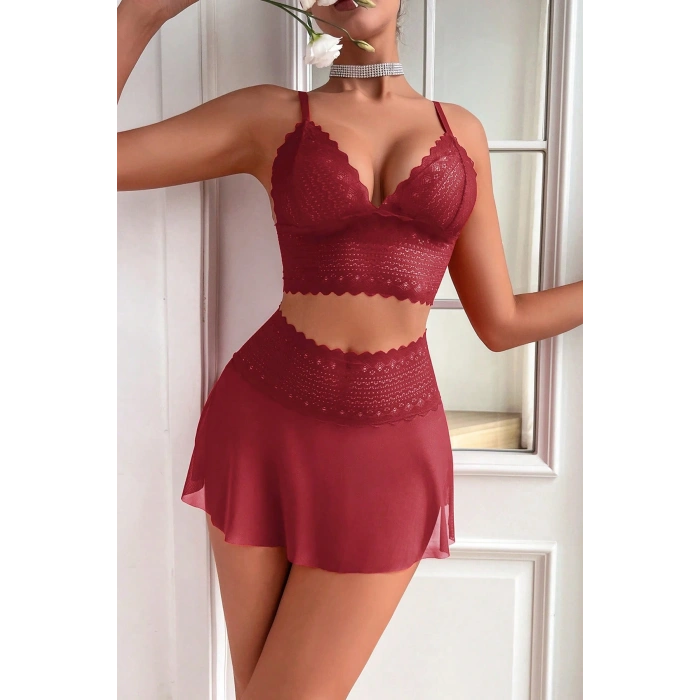 Kadın Bordo Dantel ve Tül Detaylı Etekli Şık Gecelik Takımı