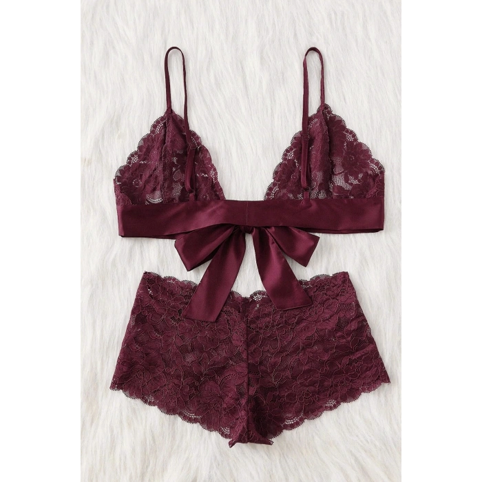 Kadın Bordo Dantelli & Kurdelalı Sütyen Külot Takımı