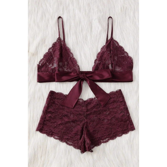 Kadın Bordo Dantelli & Kurdelalı Sütyen Külot Takımı
