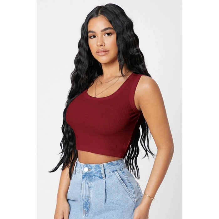 Kadın Bordo Kare Yaka Crop Top Bluz