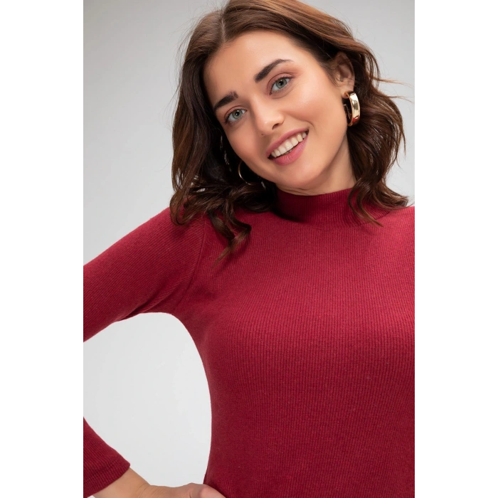 Kadın Bordo Kaşkorse Balıkçı Yaka Uzun Kollu Bodycon Mini Elbise