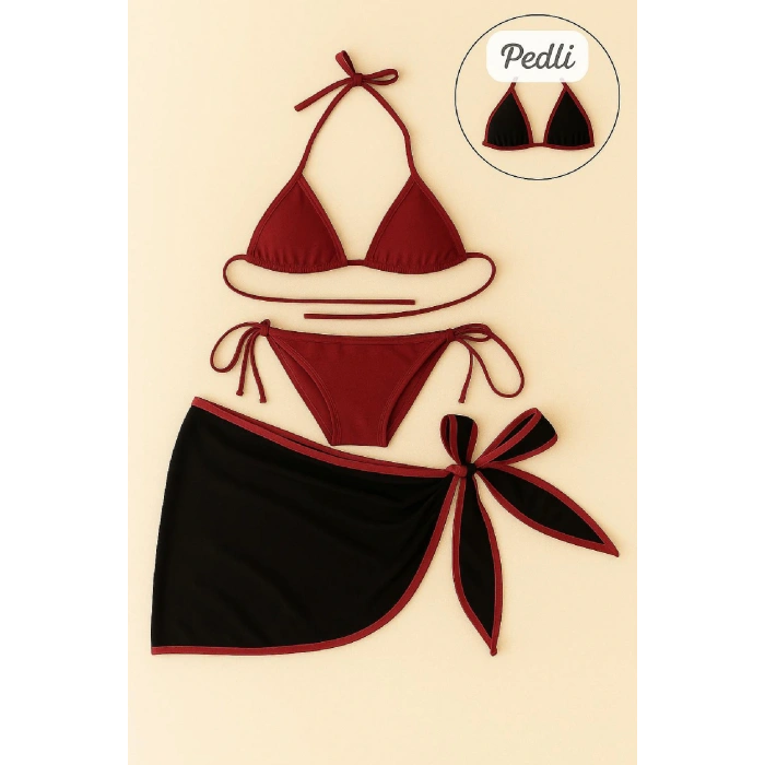 Kadın Bordo Siyah Pareolu Yandan ve Boyundan Bağlamalı 3lü Bikini Takımı