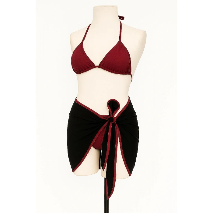Kadın Bordo Siyah Pareolu Yandan ve Boyundan Bağlamalı 3lü Bikini Takımı