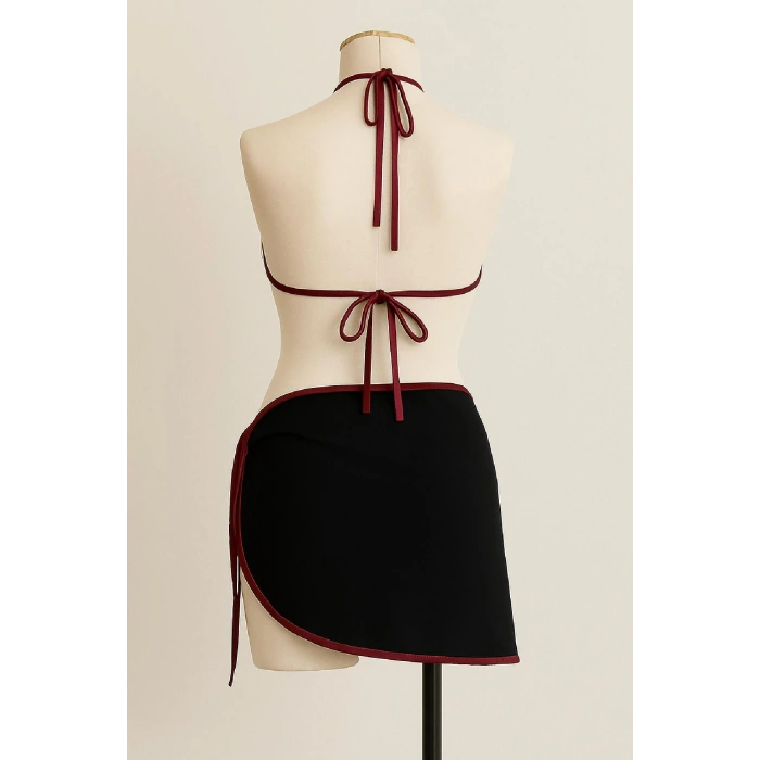 Kadın Bordo Siyah Pareolu Yandan ve Boyundan Bağlamalı 3lü Bikini Takımı