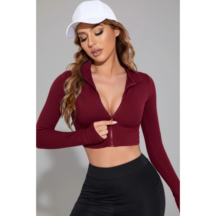 Kadın Bordo Uzun Kol Fermuarlı Parmak Geçme Detaylı Dik Yaka Crop Top Bluz