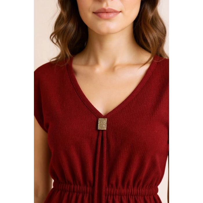 Kadın Bordo Yanları Yırtmaçlı Tokalı V Yaka Mini Plaj Elbisesi