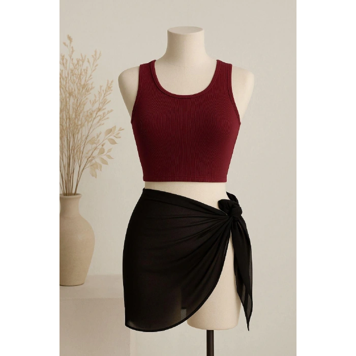 Kadın Bordo Yuvarlak Yaka Crop ve Siyah Pareo 2li Set