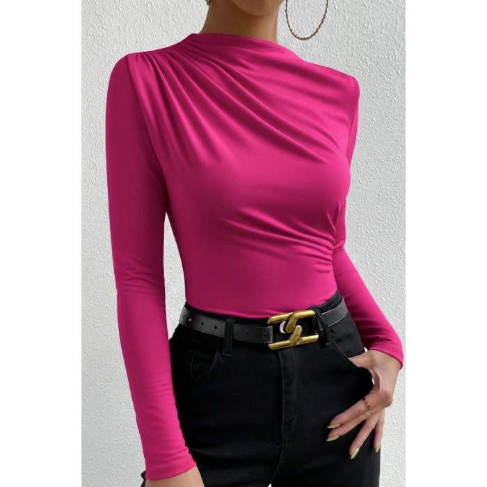 Kadın Fuşya Belden ve Boyundan Büzgü Detaylı Uzun Kollu Bluz