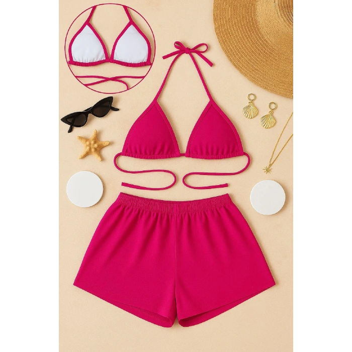 Kadın Fuşya Şortlu Belden ve Boyundan Bağlamalı Bikini Takımı