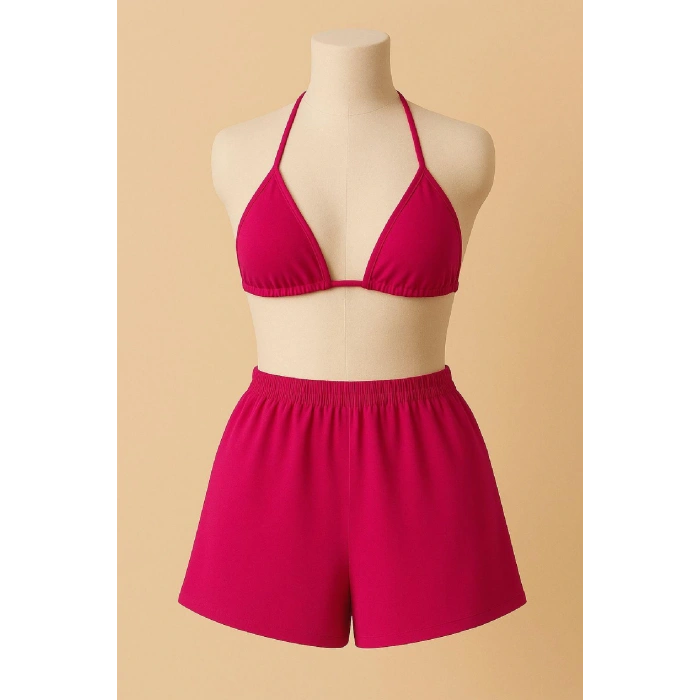 Kadın Fuşya Şortlu Belden ve Boyundan Bağlamalı Bikini Takımı